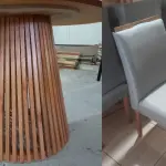 LOTE 004 - Conjunto de Mesa com e 4 cadeiras de madeira estofadas.